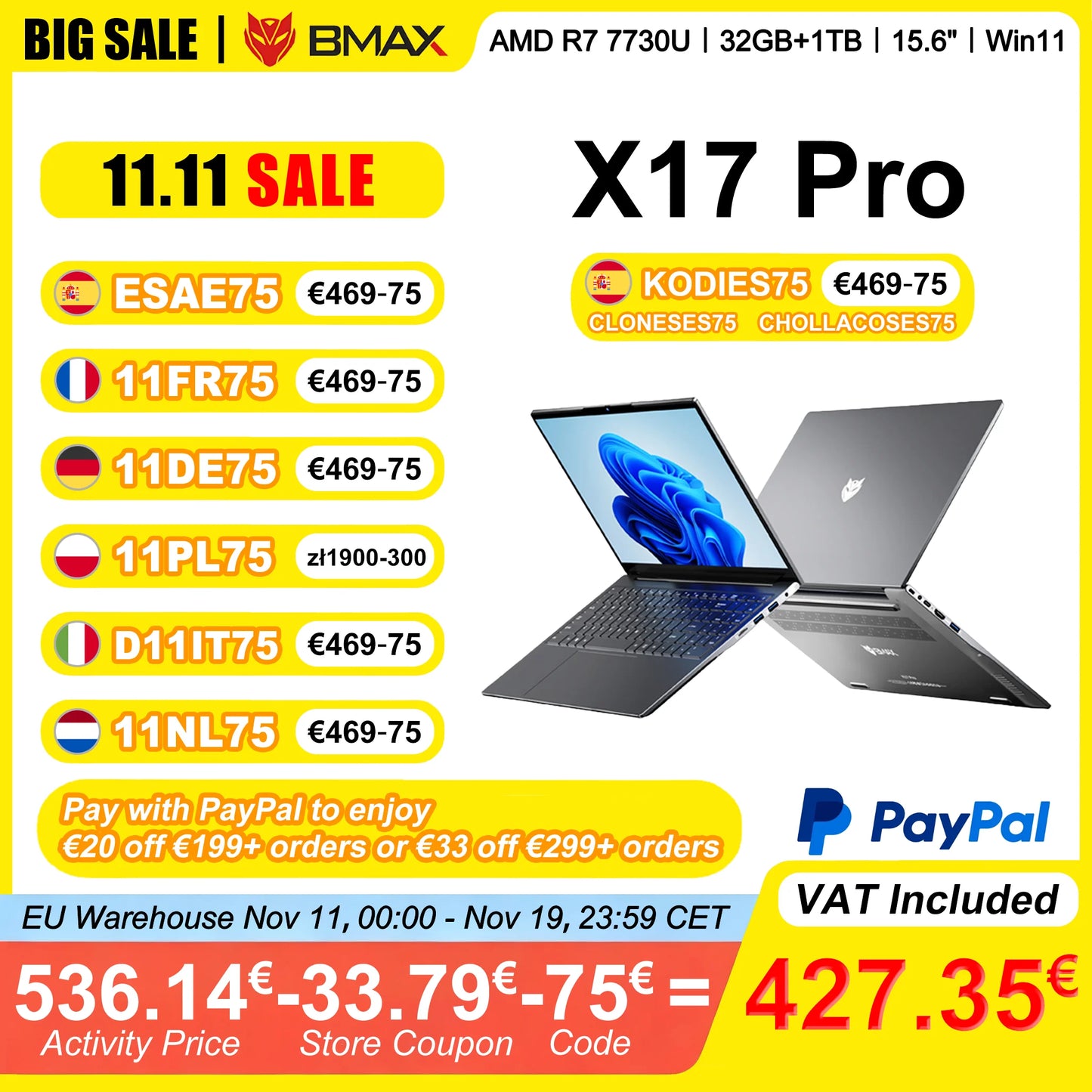 BMAX Laptop X17 Pro 15.6" Full HD 32GB RAM 1TB SSD AMD Ryzen 7 7730U Windows 11 Gaming And Business BT WiFi Type-C Notebook
