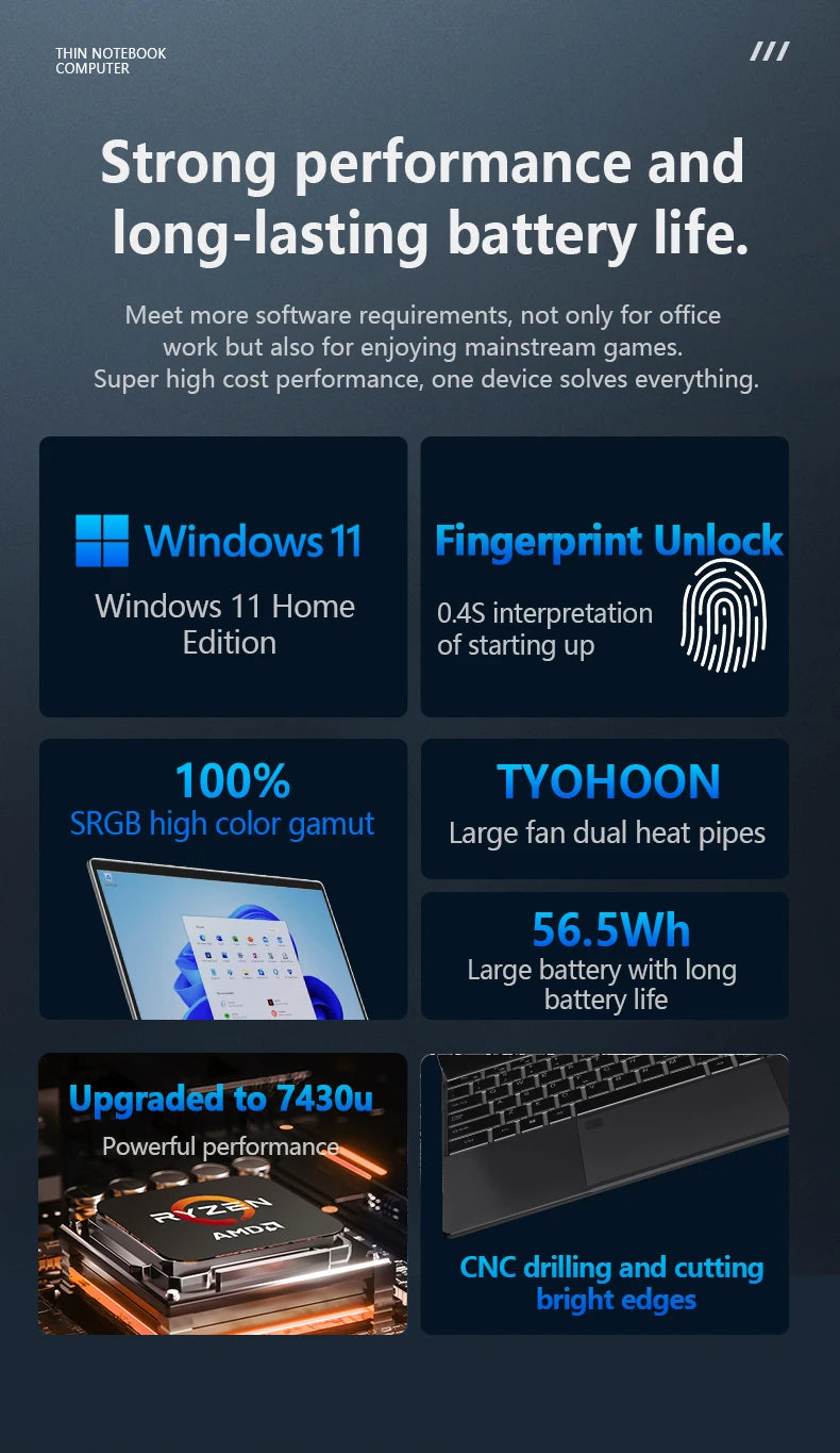 YSJMNPC New AMD Ryzen™ 5 7430U 16 Inch Gaming Laptop IPS Screen 2*DDR4 MAX 64GB 2*SSD 2TB Windows11 Fingerprint Notebook WI-FI