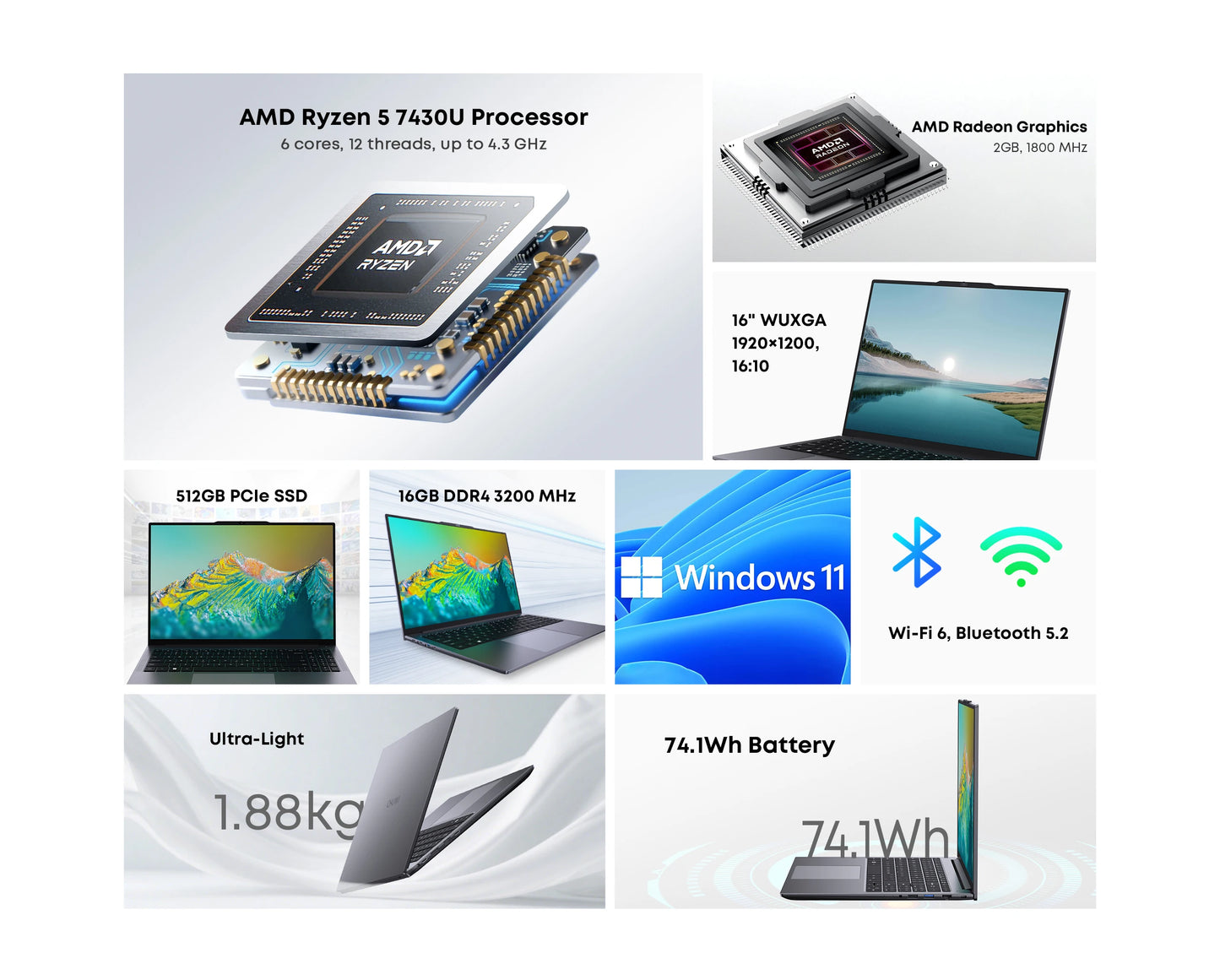 CHUWI CoreBook Plus Laptop 16inch FHD Screen R5-7430U 6 Cores Gaming Laptop 16GB RAM 512GB SSD Metal Body Notebook With Cooler