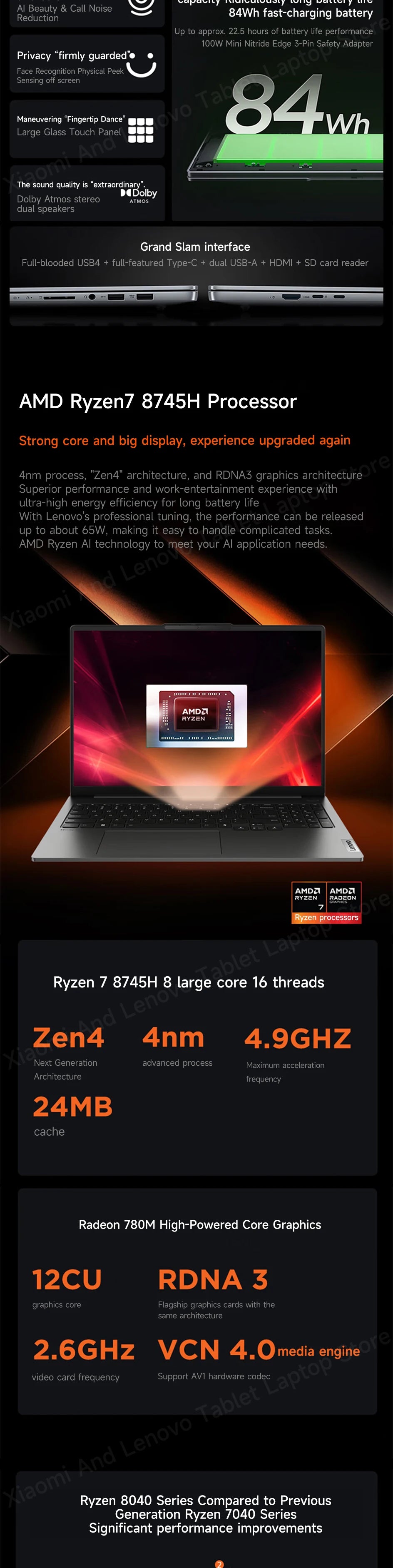Lenovo laptop Xiaoxin Pro16 2024 AMD Ryzen R7 8745H/8845H 16-Inch 2.5K 120Hz 16/32GB LPDDR5 RAM 1T/2TB SSD Computer Notebook PC