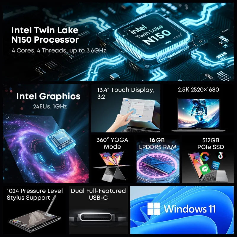CHUWI FreeBook Laptop Intel N150 Quad Core 16GB LPDDR5 512G SSD Tablet PC 13.5 Inch FHD Touch Screen Windows 11 WIFI6 Desktop